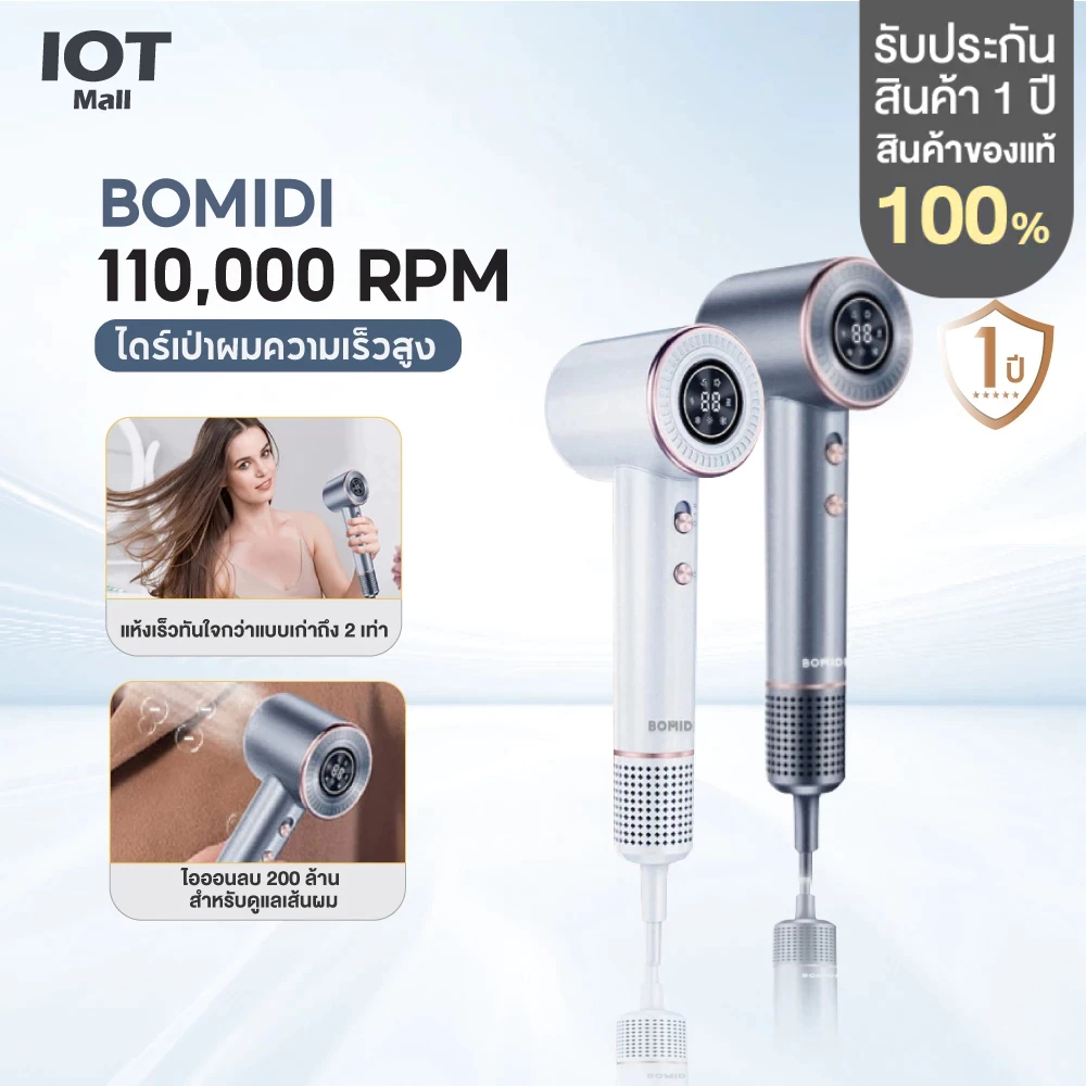BOMIDI HD02 ไดร์เป่าผม ความเร็วสูง High-speed Hair Dryer ไดร์เป่าผมไอออนลบ กำลังไฟ1600Wมอเตอร์ความเร