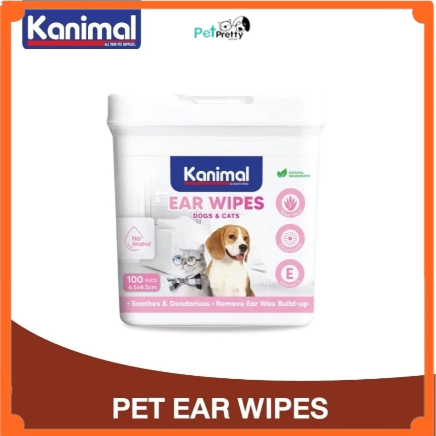Kanimal แผ่นเปียก เช็ดหูสัตว์เลี้ยง 100 แผ่น Ear wipes ขนาด 6.5*4.5cm (คานิมอล ผ้าเปียก  เปียกเช็ดหูสุนัข แผ่นเช็ดหูแมว)