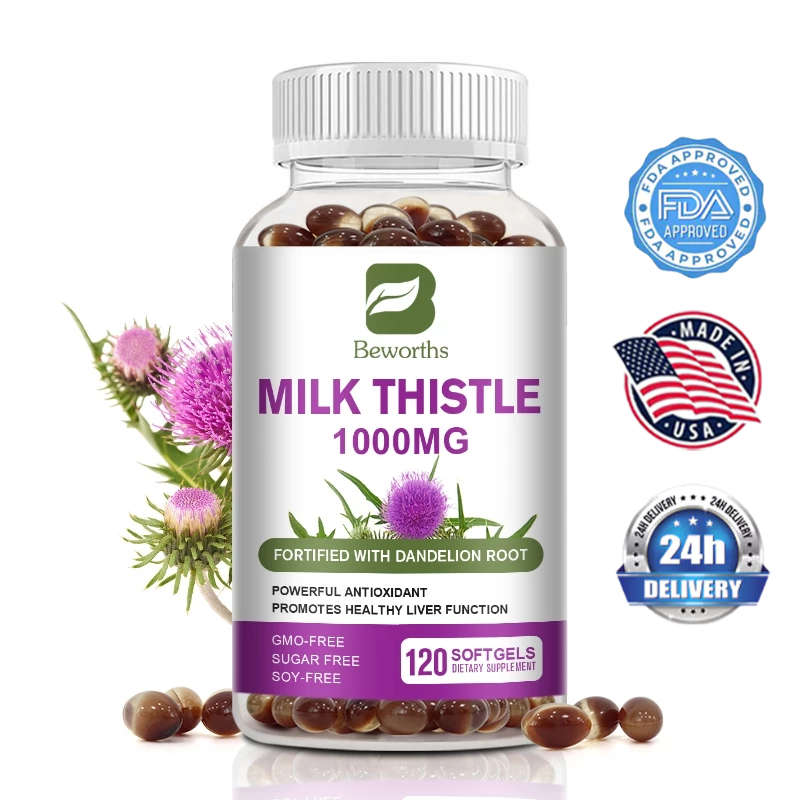 แคปซูล Milk Thistle 1000mg สำหรับสุขภาพตับ ปกป้องหัวใจและหลอดเลือดสนับสนุน Antioxidant Detox