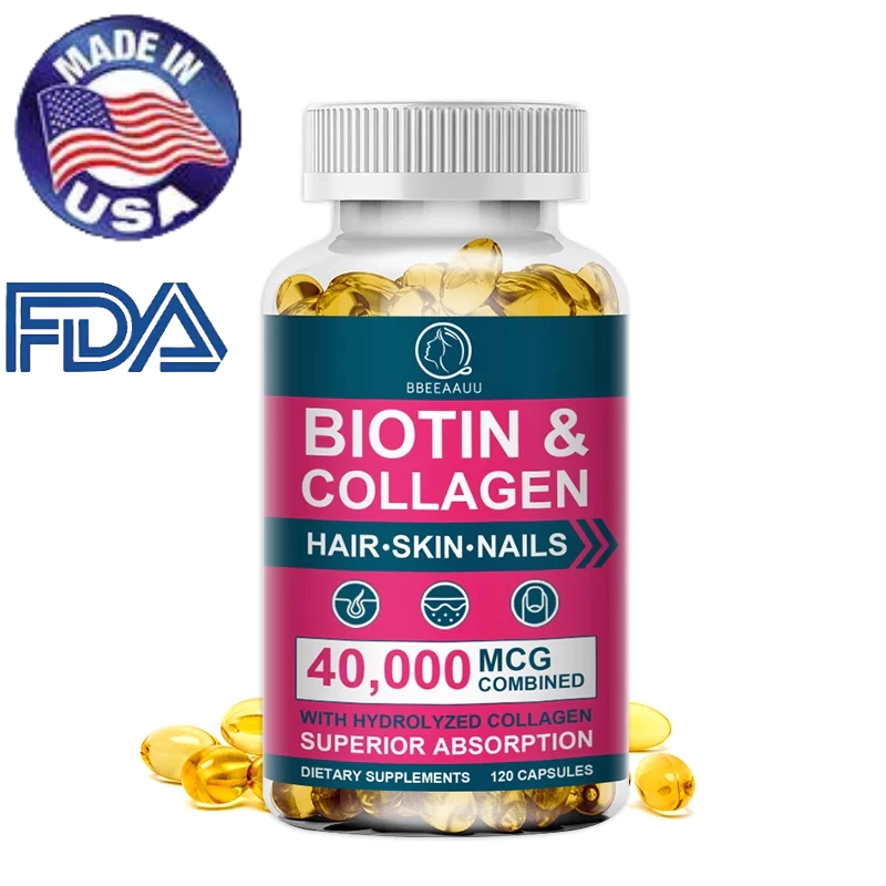 BBEEAUU Biotin & Collagen - 40,000mcg 120 แคปซูล, วิตามินผิว, ไบโอติน, คอลลาเจน, ต่อต้านริ้วรอย, ผม,