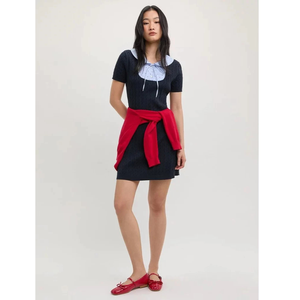 [Pomelo] เดรสสั้นผ้าถักคอระบาย / Ruffle Collar Knit Mini Dress