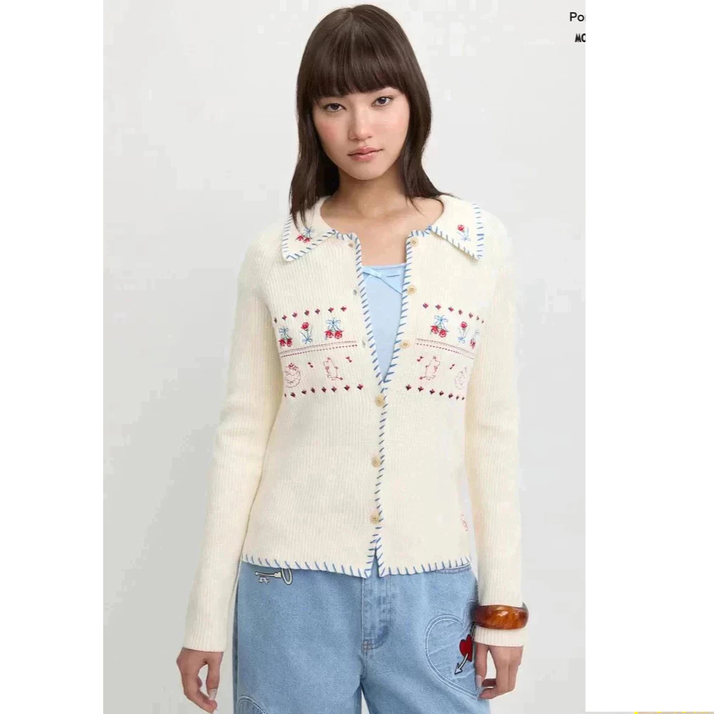 [Pomelo] Pomelo. x Moomin เสื้อคาร์ดิแกนปักลาย / Pomelo. x Moomin Embroidered Cardigan - Off