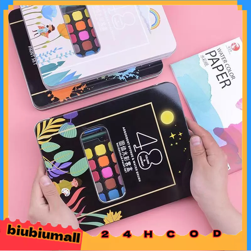 ชุดระบายสีน้ำ สีน้ำก้อน 36 สี 48 สี/มาพร้อม ดินสอ พู่กัน ปากกาพู่กันน้ำแบบเติม กระดาษวาดภาพสีน้ำ/ชุดสีน้ำระดับเริ่มต้น