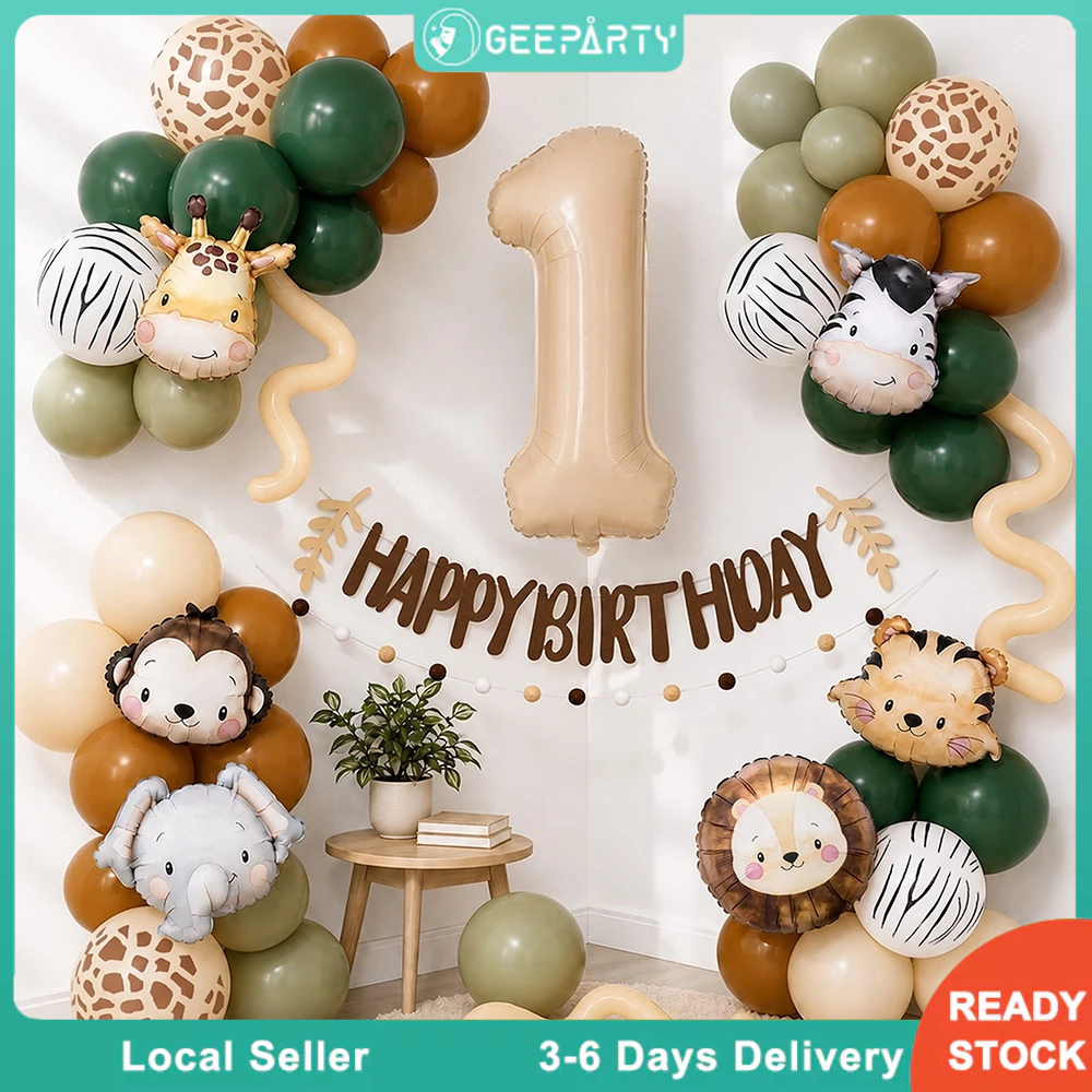 GeeParty ชุดลูกโป่งตัวเลขสีขาวครีม 38 ชิ้น ขนาด 32 นิ้ว พร้อมหัวสัตว์ฟอยล์ สำหรับตกแต่งงานเลี้ยงวันเกิดธีมซาฟารี