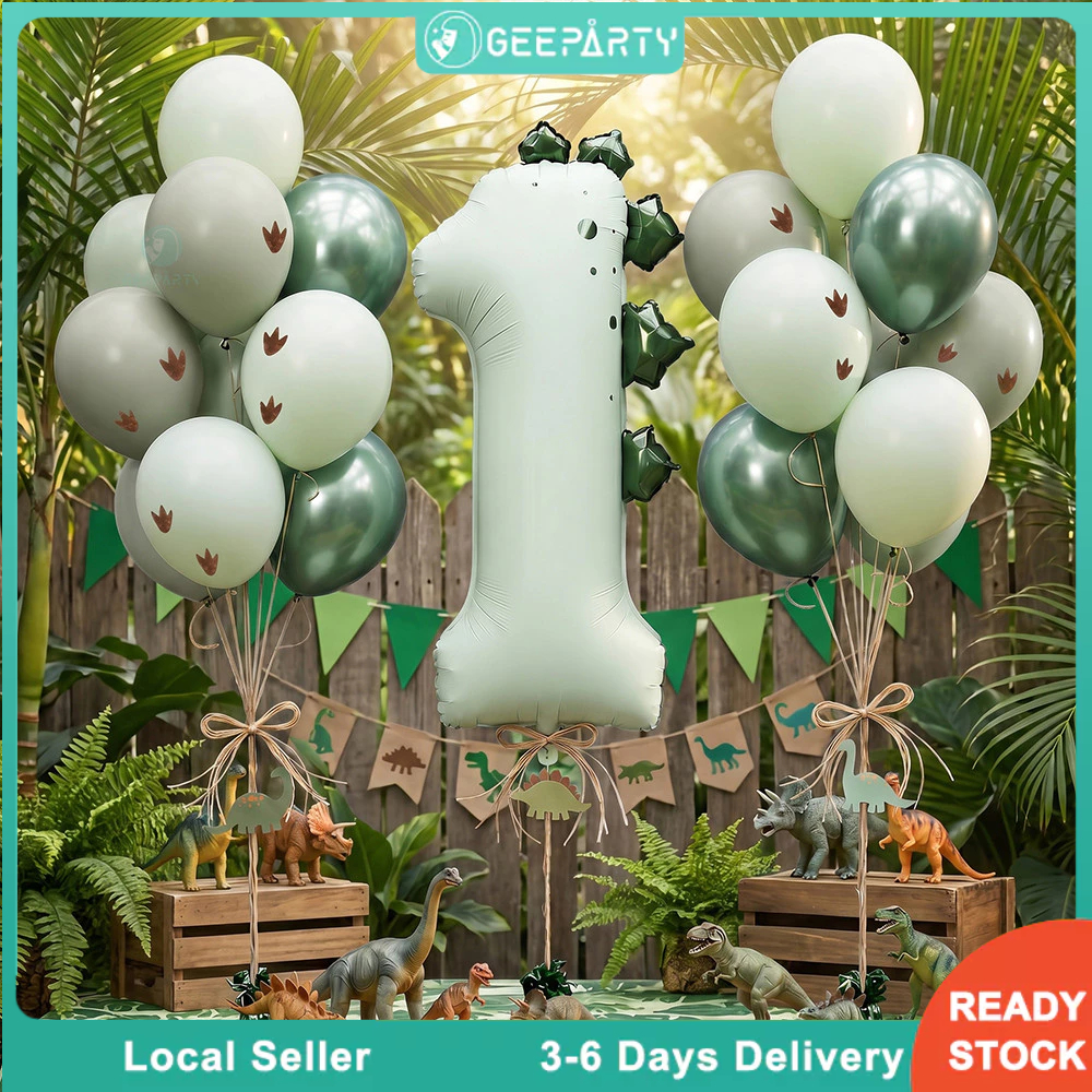 GeeParty ชุดลูกโป่งธีมไดโนเสาร์ 23 ชิ้น ลูกโป่งเลข 1 ขนาดใหญ่ สีเขียวอะโวคาโด สีส้ม ลูกโป่งวันเกิดเด็ก ของตกแต่งปาร์ตี้