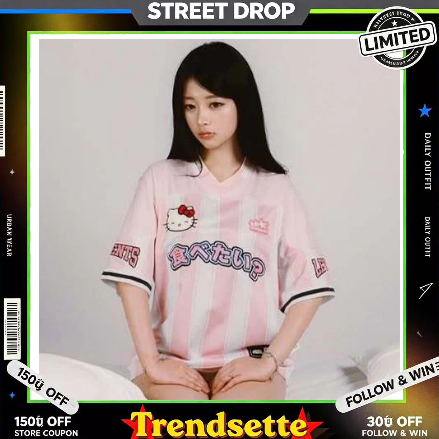 💖Levents® x Hello Kitty | Striped Oversized Jersey Tee/ Pink สินค้าพร้อมจัดส่งค่า✨
