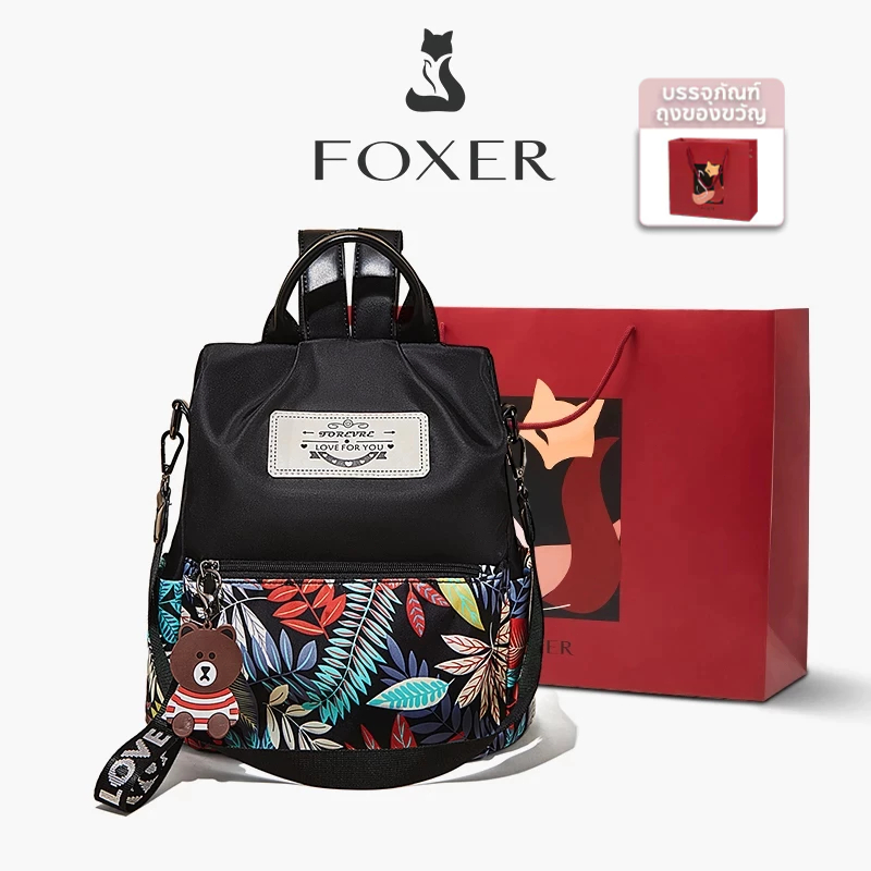FOXER กระเป๋าเป้สะพายหลังผู้หญิง ความจุขนาดใหญ่ กระเป๋าเป้สะพายหลังผ้าใบ กระเป๋านักเรียน