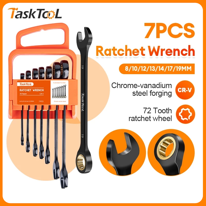 TASKTOOL ชุดประแจแหวนข้างปากตาย ขนาด 8-19 มม. สำหรับงานหนัก พกพาสะดวก