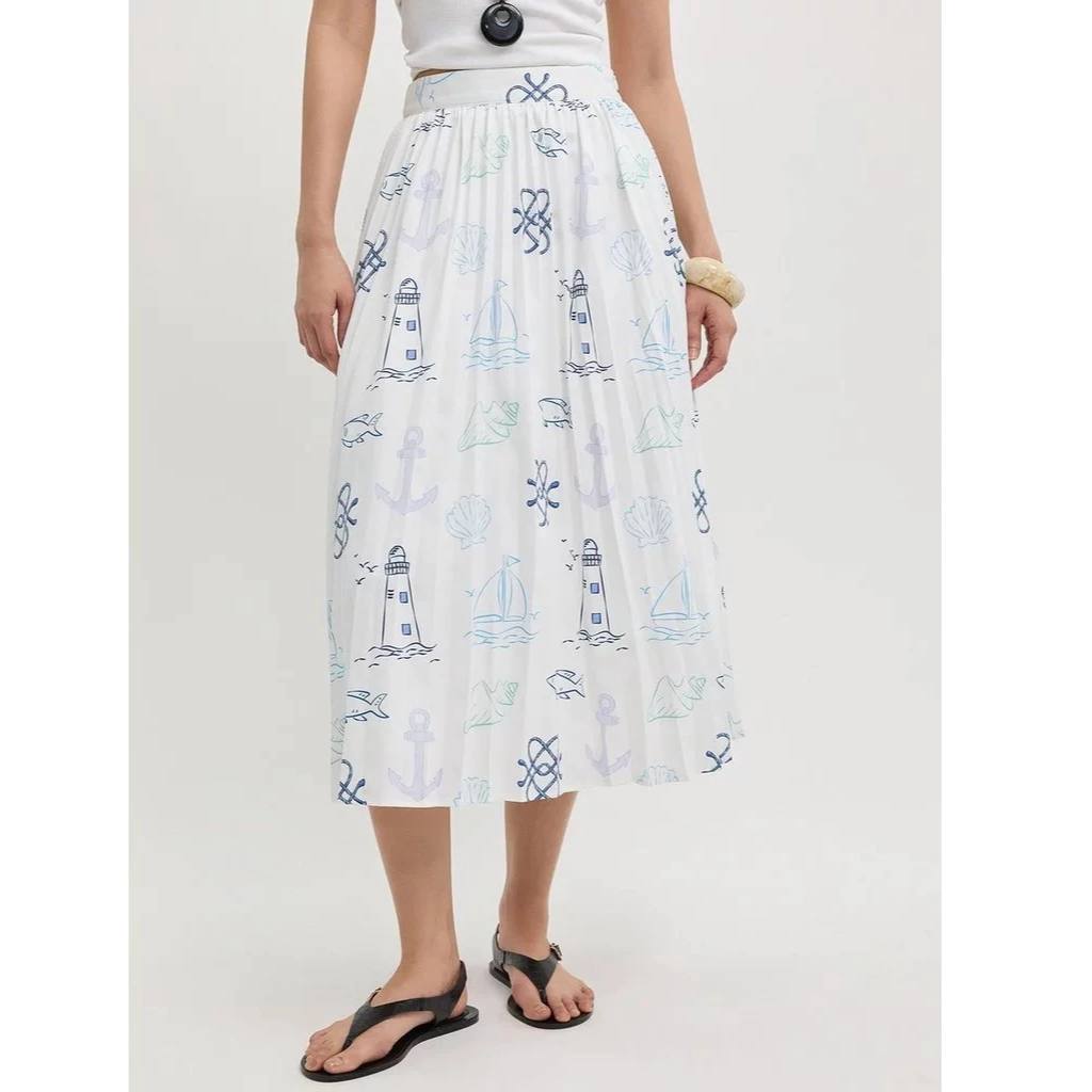 [Pomelo] กระโปรงพลีททรงมิดี้ ลายภาพวาดทะเล / Nautical Sketch Pleated Midi Skirt