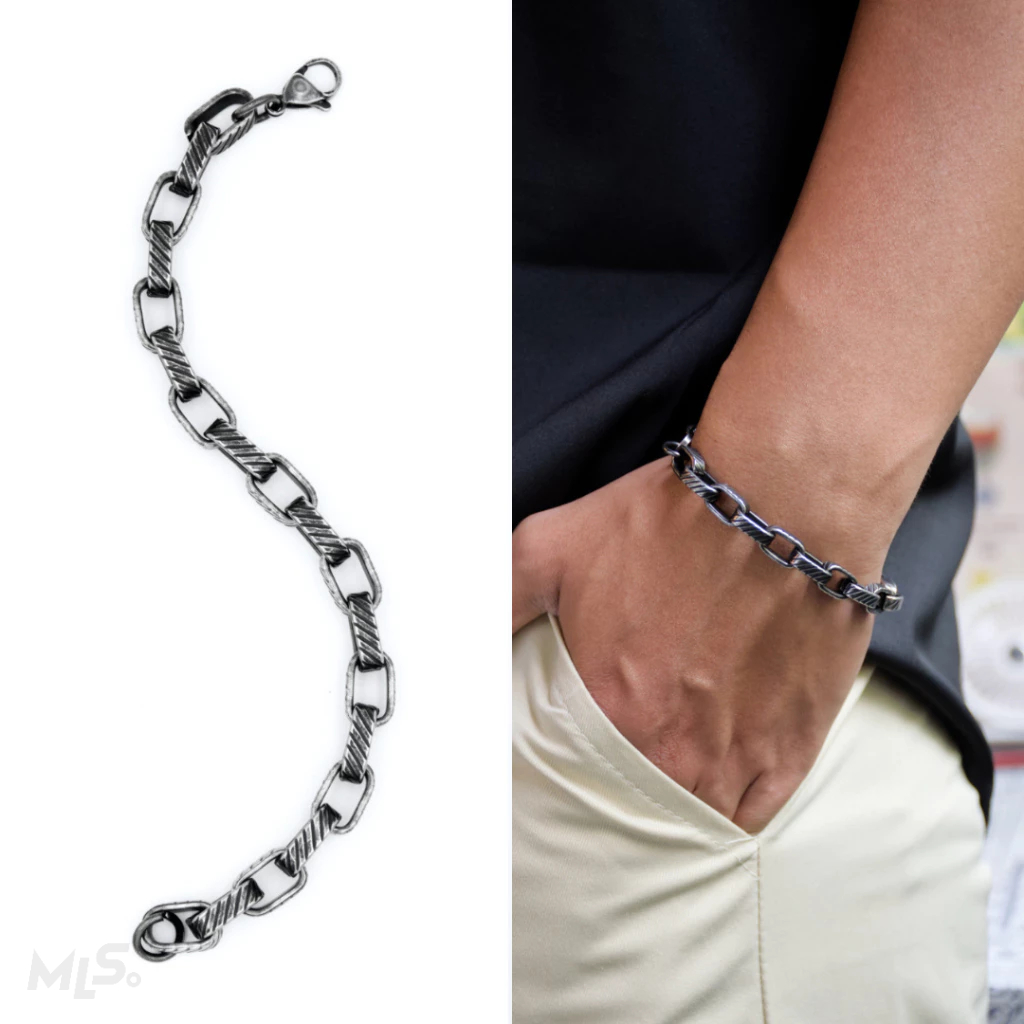 MLS | Roxy สร้อยข้อมือสแตนเลส สีรมดำด้าน ลายโซ่แต่งลายวินเทจ