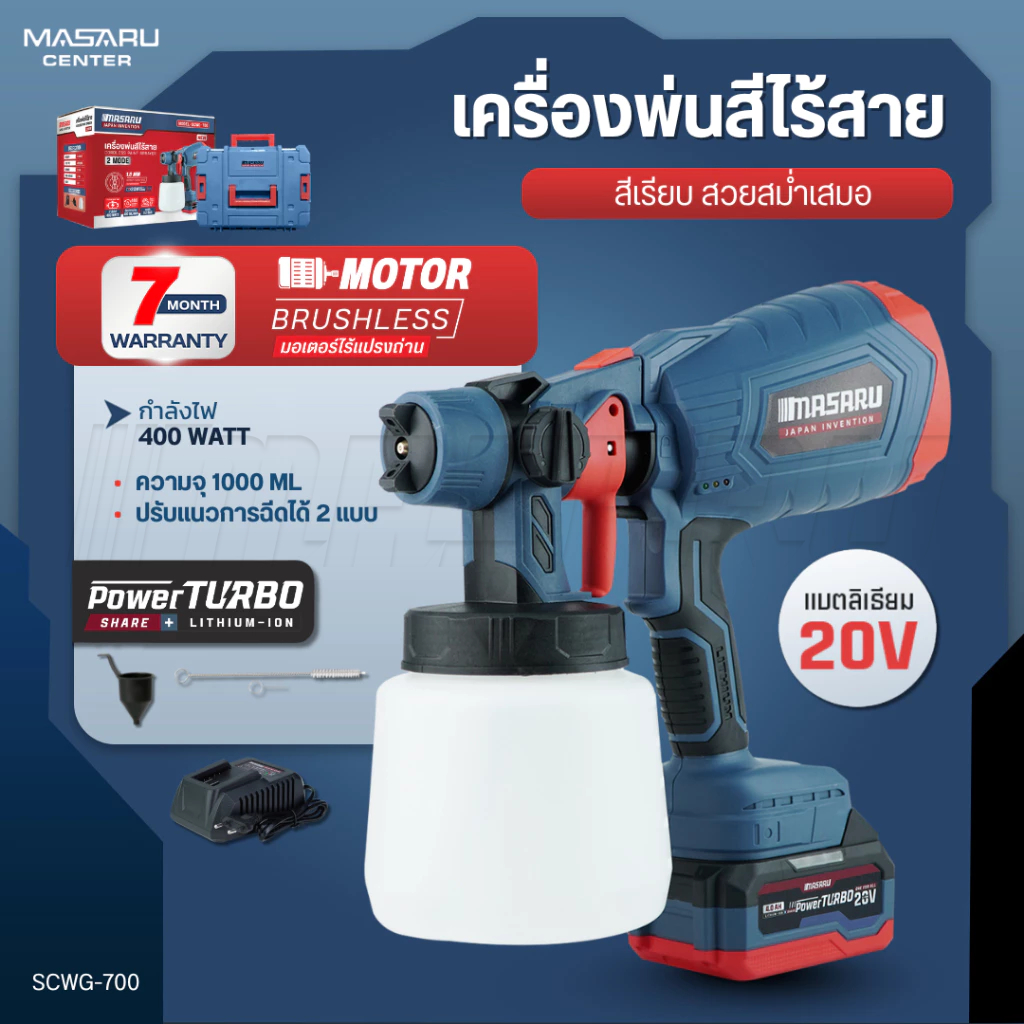MASARU กาพ่นสีไฟฟ้า SCWG-700 ไร้สาย 400W อุปกรณ์ทาสี กาพ่นสี แบตเตอรี่ พร้อมอุปกรณ์