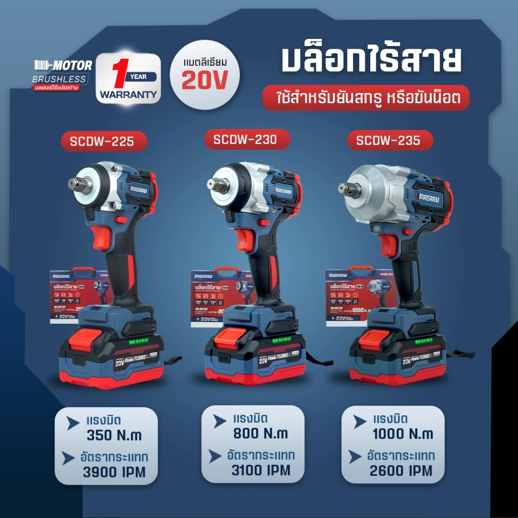 MASARU บล็อกไฟฟ้าไร้สาย รุ่น SCDW-225/230/235 บล็อกไร้สาย มอเตอร์ Brushless 1/2นิ้ว มีประกัน