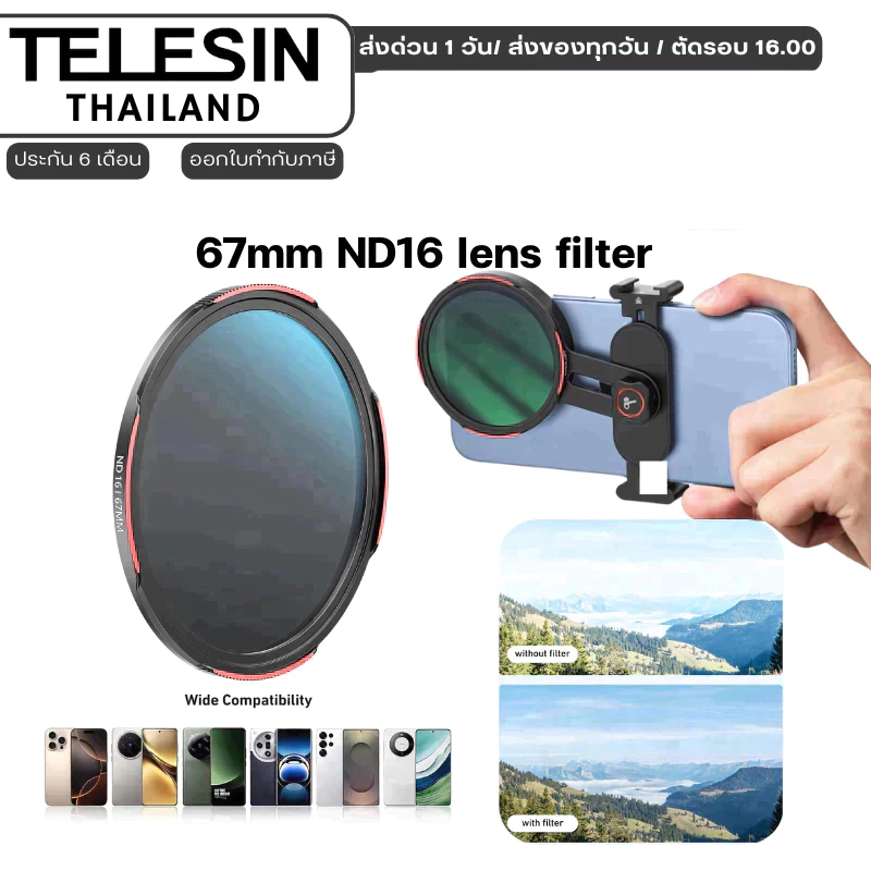 Telesin ND16 Filter, DSLR Camera Lens for Smartphone Mounts (67mm.)