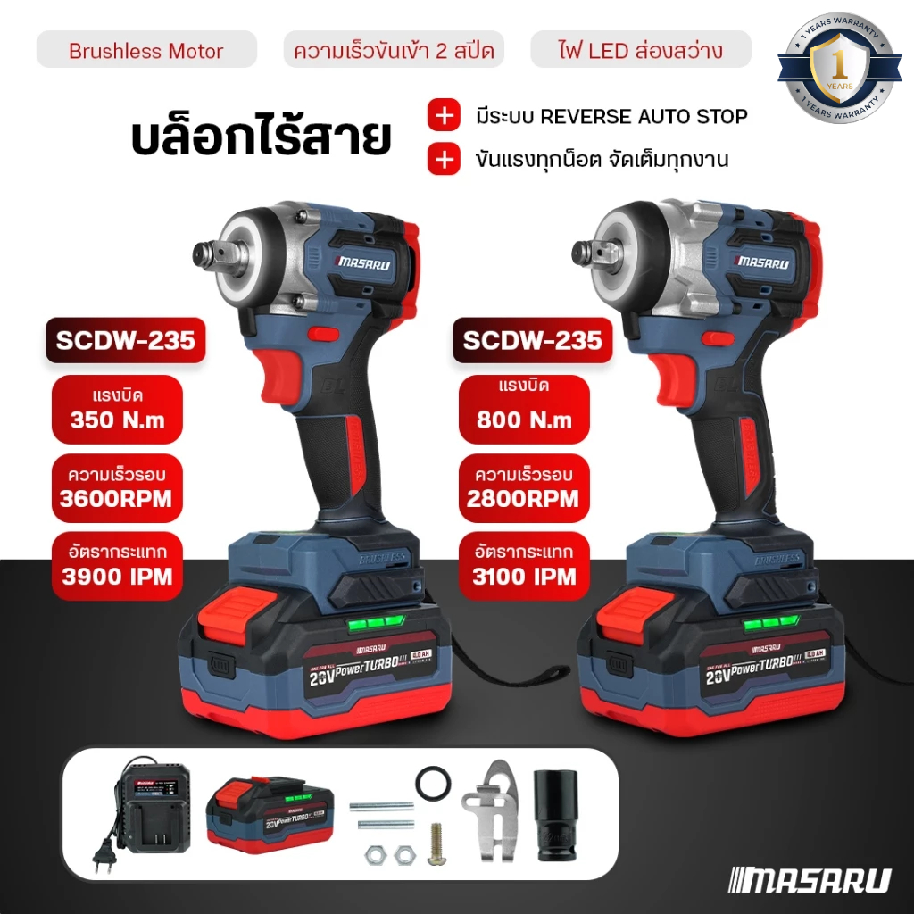 บล็อกไร้สาย MASARU บล็อกไฟฟ้า SCDW-225 SCDW-230 บล็อกกระแทก แบตเตอรี่ 20V