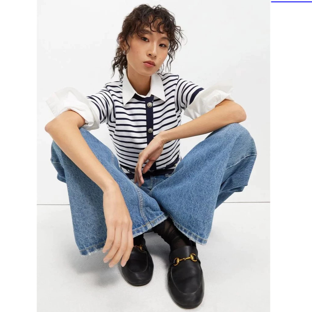 [Pomelo] เสื้อลายทางติดกระดุม / Buttoned Striped Top