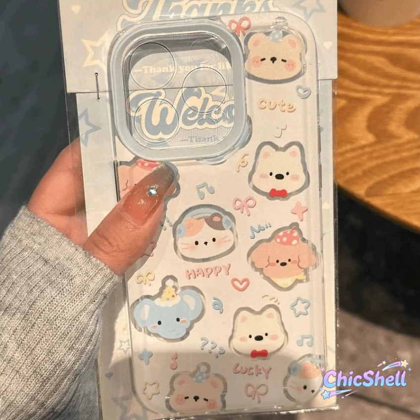 น่ารักลูกแมวลูกสุนัขเข้ากันได้เคสไอโฟน การ์ตูนช้างหมีเคส cho iPhone 11 12 13 14 15 16 ProMax X XR XS Max 7 8Plus-CL