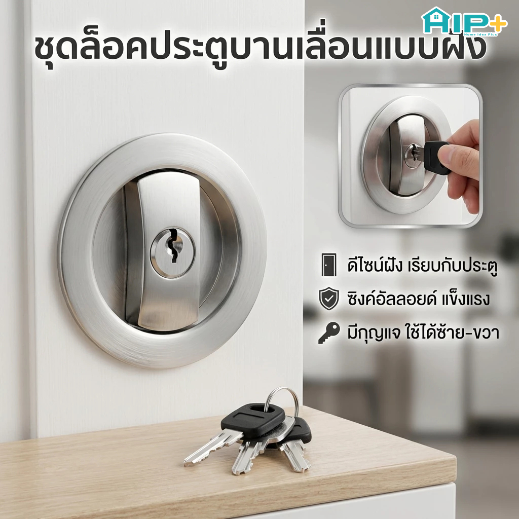 กุญแจประตูบานเลื่อน แบบฝัง ทรงกลม มีกุญแจ ล็อค 2 ด้าน ที่ล็อคประตู ห้องนอน ห้องน้ำ Pocket Door Lock
