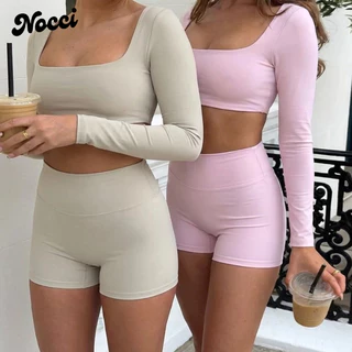 Nocci ชุดออกกำลังกาย เสื้อและกางเกงขาสั้น ผ้าสี่ทิศทางยืดหยุ่นสูง มีฟองน้ำรองหน้าอกในตัว เหมาะสำหรับออกกำลังกายที่ฟิตเนส