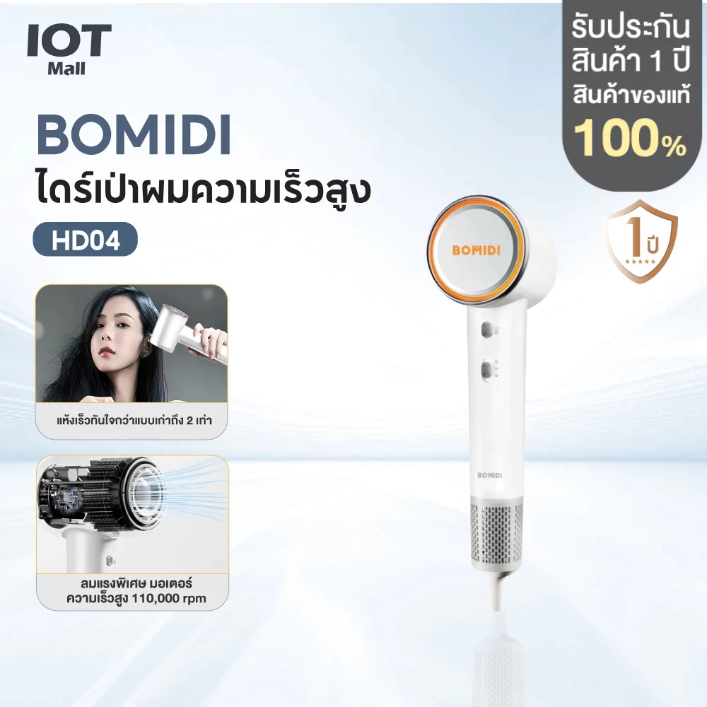 BOMIDI HD04 ไดร์เป่าผมความเร็วสูง High-speed Hair Dryer ไดร์เป่าผมไอออนลบ ดูแลเส้นผมด้วยไอออนลบ ผมแห