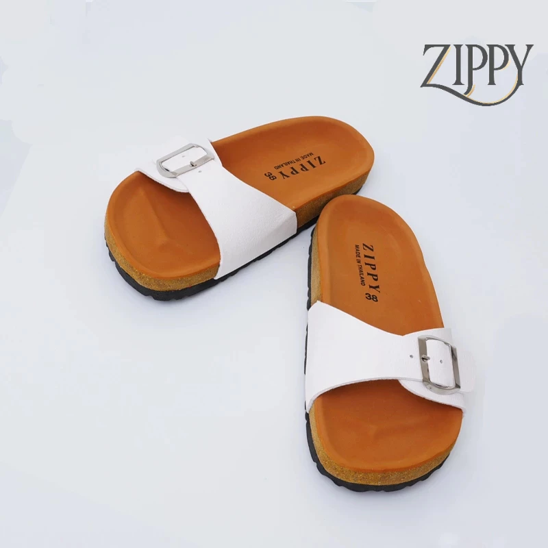 ZIPPY รองเท้าแตะวินเทจ รุ่น Madrid พื้นน้ำตาล สายเข็มขัดสีขาว ปรับสายได้ สไตล์ไบเก้น นุ่มเบาใส่สบาย