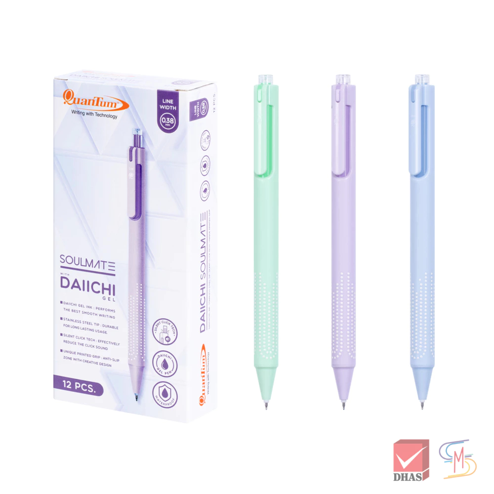 (แพ็ค 12) Quantum ปากกา ปากกาเจล โซลเมท 0.38 นํ้าเงิน (คละสี) จำนวน 12 ด้าม