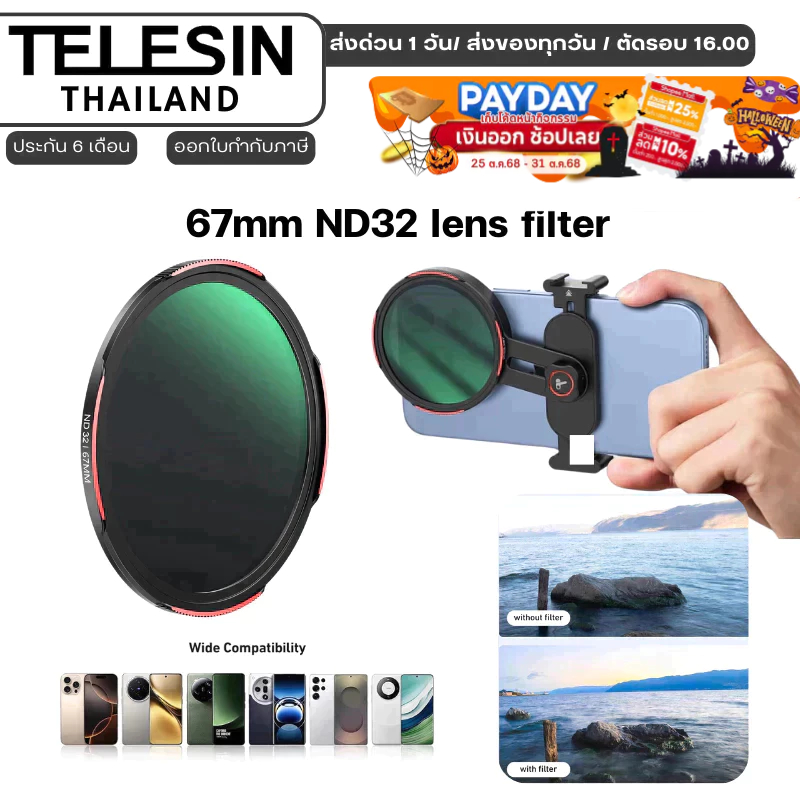 Telesin ND32 Filter DSLR Camera Lens for Smartphone Mounts (67mm.)