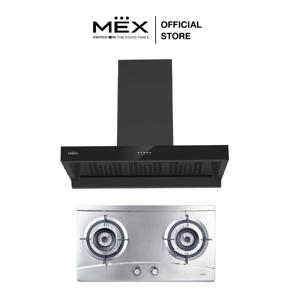 MEX Set รุ่น MX472M + K632BFB90 เตาแก๊ส 2 หัวเตาทองเหลืองและเครื่องดูดควันทรงกระโจม สีดำ (ชนิดติดตั้