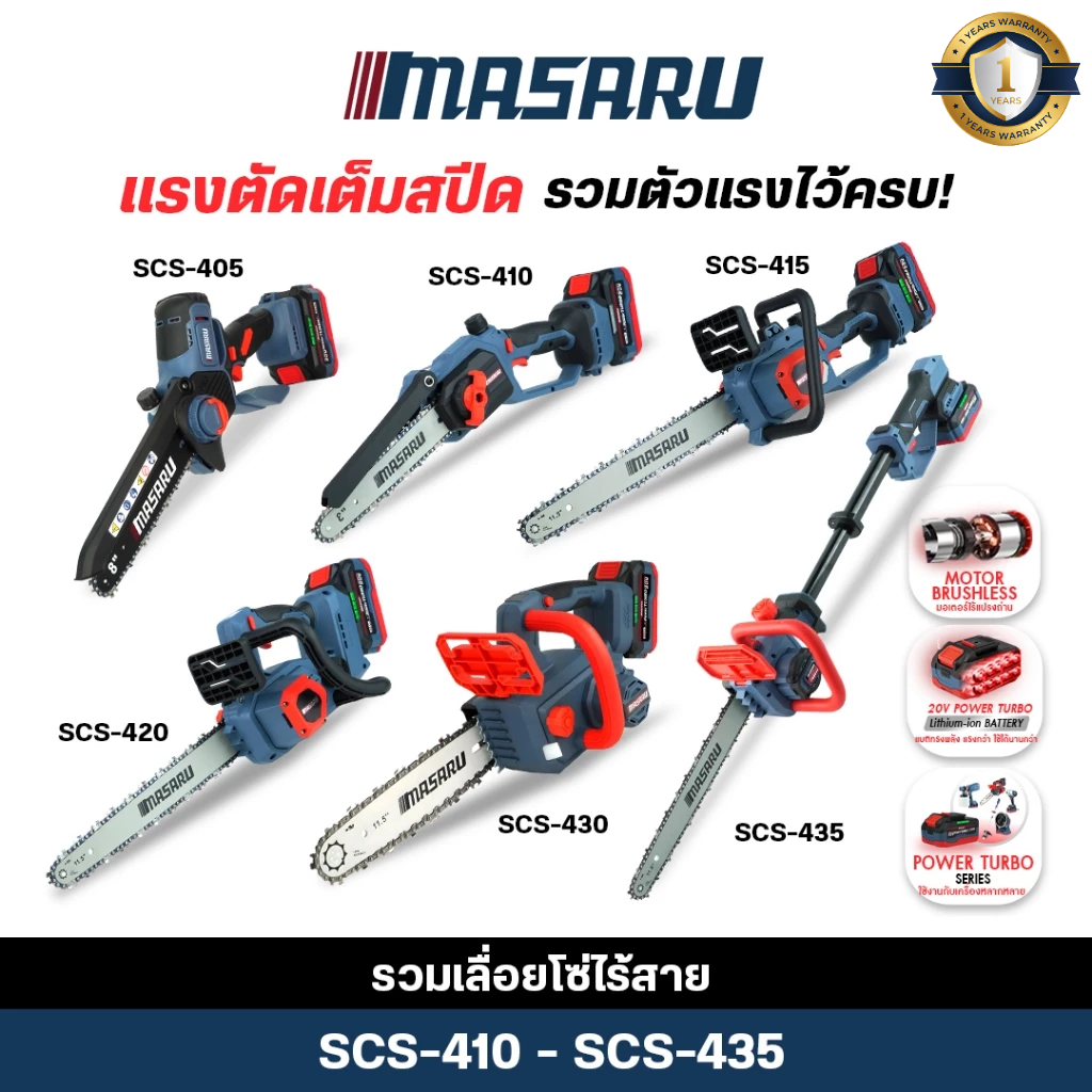 เลื่อยไฟฟ้า MASARU SCS-410/415/420/430 เลื่อยโซ่ มีจอ LED ตัดไม้ ตัดเร็ว ใช้งานง่าย แบตเตอรี่ 20V