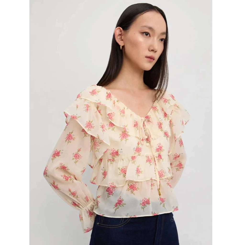 [Pomelo] เสื้อเบลาส์ลายดอกไม้แต่งระบาย / Ruffled Floral Blouse