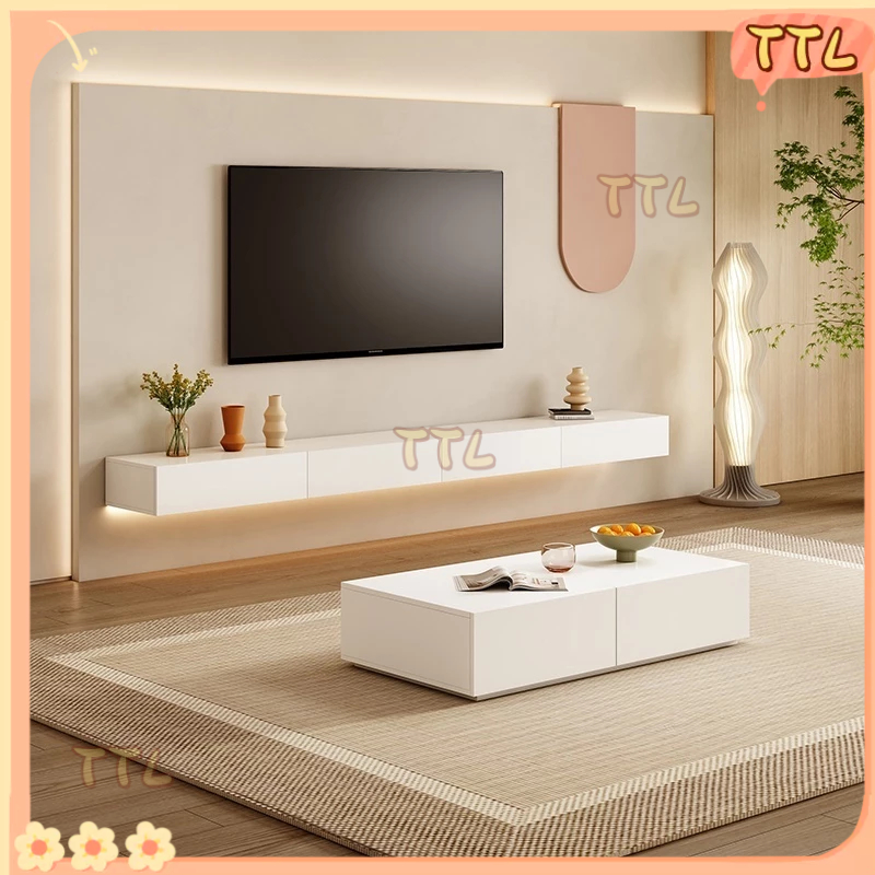 「TTL」 ตู้วางทีวีแบบแขวนสไตล์โมเดิร์นเรียบง่าย ตู้วางทีวีแบบแขวนติดผนังสำหรับห้องนั่งเล่นในอพาร์ตเมนต์เล็ก ๆ สไตล์ครีม โต