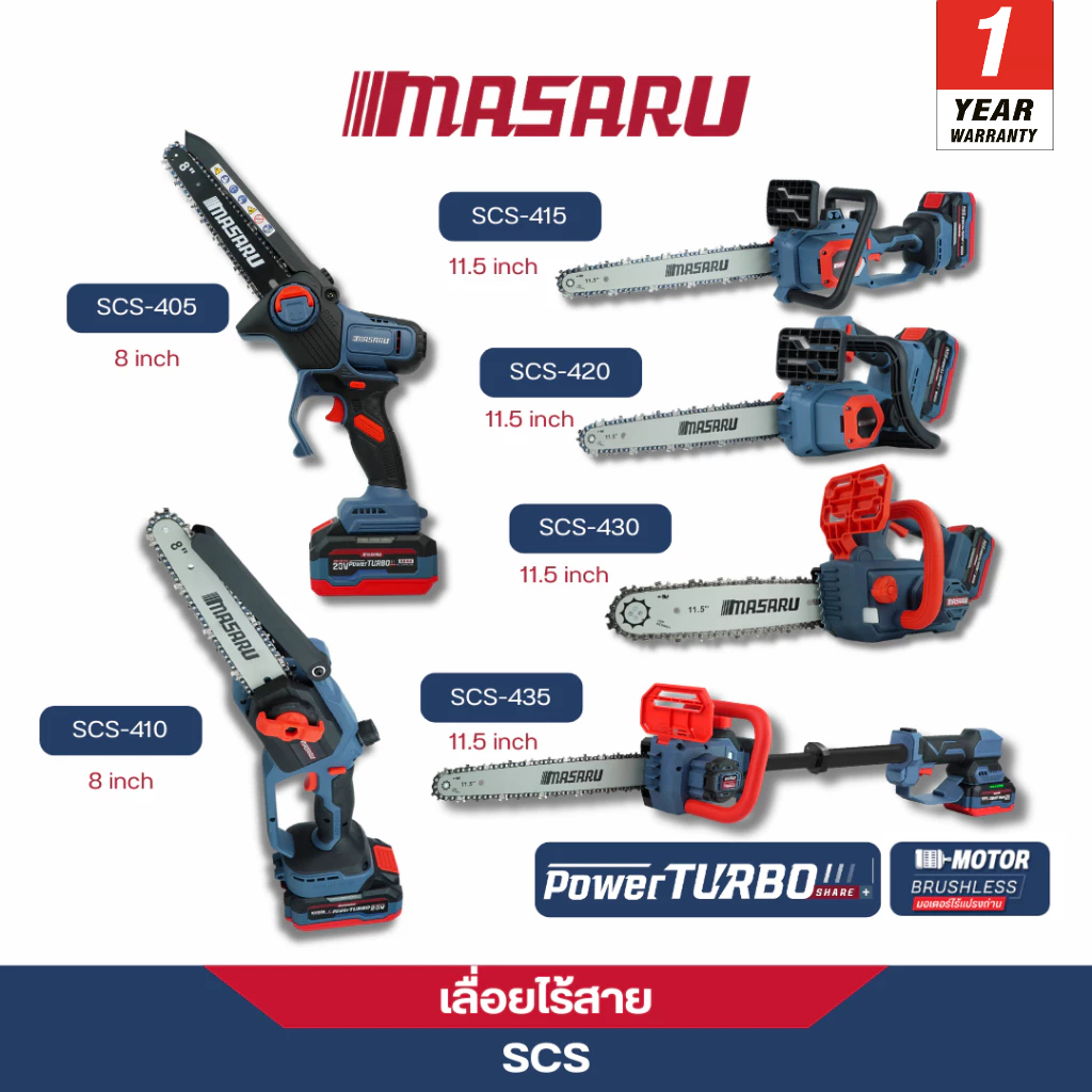 MASARU เลื่อยโซ่ไร้สาย รุ่น SCS-405/410/415/420/430/435 เลื่อยโซ่ เลื่อยแบตเตอรี่ เลื่อยไม้ บลัสเลส