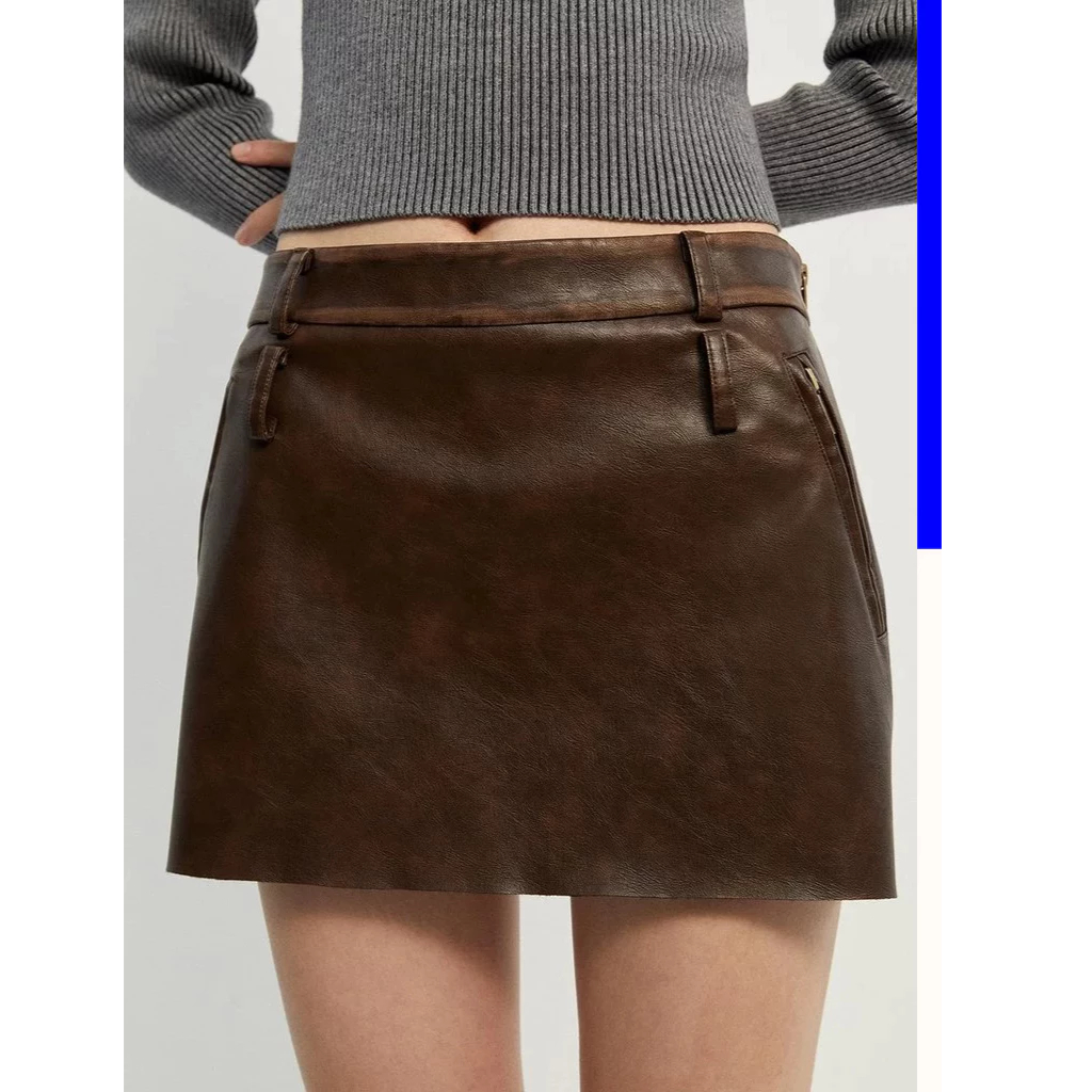 [Pomelo] กระโปรงกางเกงหนังวีแกนทรงเอสไตล์วินเทจ / Vintage Vegan Leather Skort