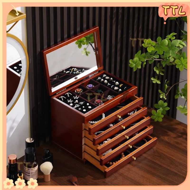 「TTL」 กล่องเก็บเครื่องประดับไม้ กล่องเก็บสร้อยคอและเครื่องประดับแบบหลายชั้นคุณภาพสูง มีกระจกเงาและลิ