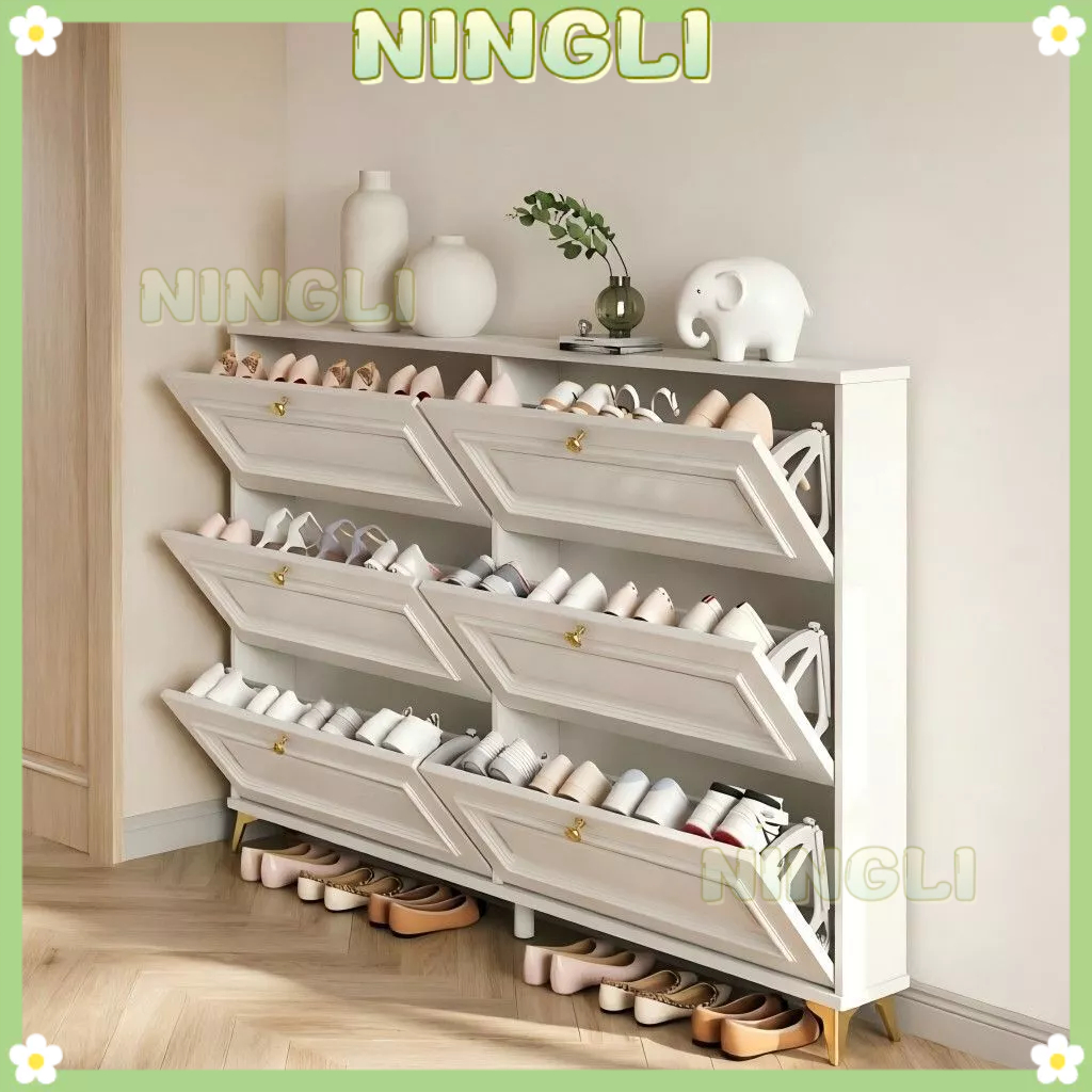 24Hจัดส่งรวดเร็ว-NINGLI ตู้เก็บรองเท้าแบบพับได้บางเฉียบสีครีม 120*24*118cm-6door
