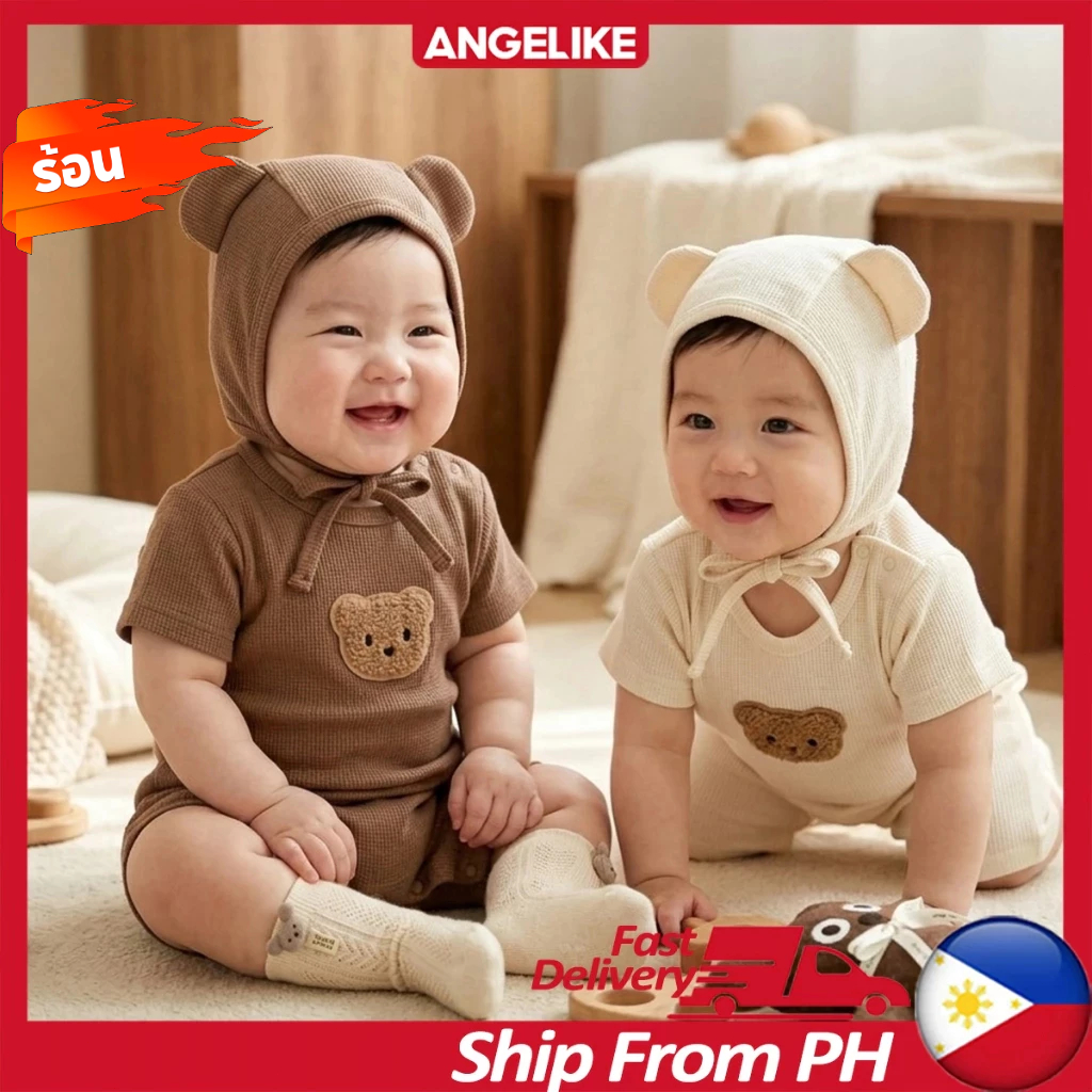 romper เด็กทารก เด็กผู้ชาย เด็กผู้หญิง แขนสั้น บอดี้สูท + หมวก 0-12 เดือน บาง ระบายอากาศ หมีน้อย วาฟเฟิล รอมเปอร์ + หมวก