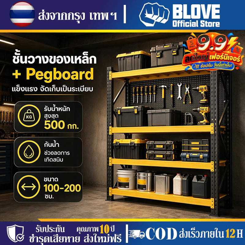 BLOVE ชั้นวางของเหล็ก พร้อมแผงเจาะ การจัดเก็บที่ยืดหยุ่น รับหนัก 500KG ประกอบง่าย เหมาะสำหรับโกดัง/บ้าน