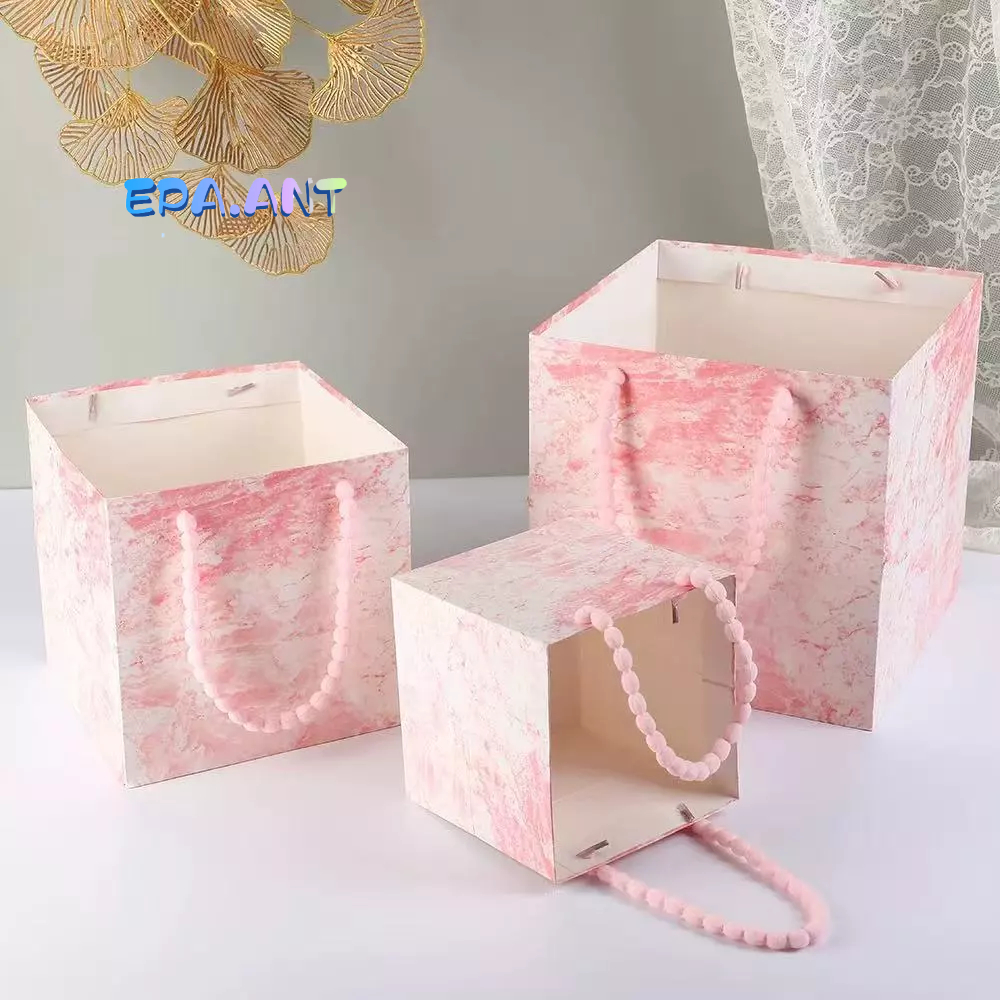 ถุงลายหินอ่อนสีชมพู ก้นกว้าง ด้านเท่า จุของได้มาก หูหิ้วผ้านุ่ม