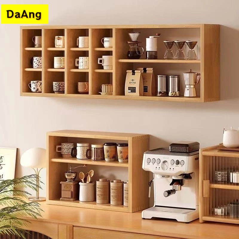 ชั้นวางแก้วไม้เนื้อแข็ง มุมกาแฟสำหรับชุดน้ำชา แขวนติดผนังได้