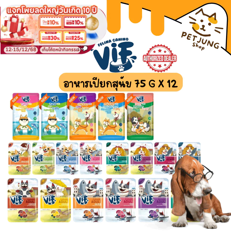 (มี Token) [12 ซอง] VIF Felina Canino อาหารเปียกสุนัข เกรดพรีเมี่ยม สำหรับสุนัขทุกวัย ขนาด 75g