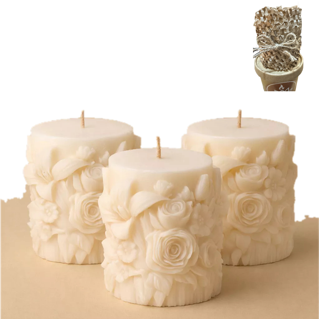 Home Decor ชุดเทียนดอกไม้ (3 ชิ้น) Premium Unscented Floral Pillar Soy  เทียนไขถั่วเหลือง Set 900ml