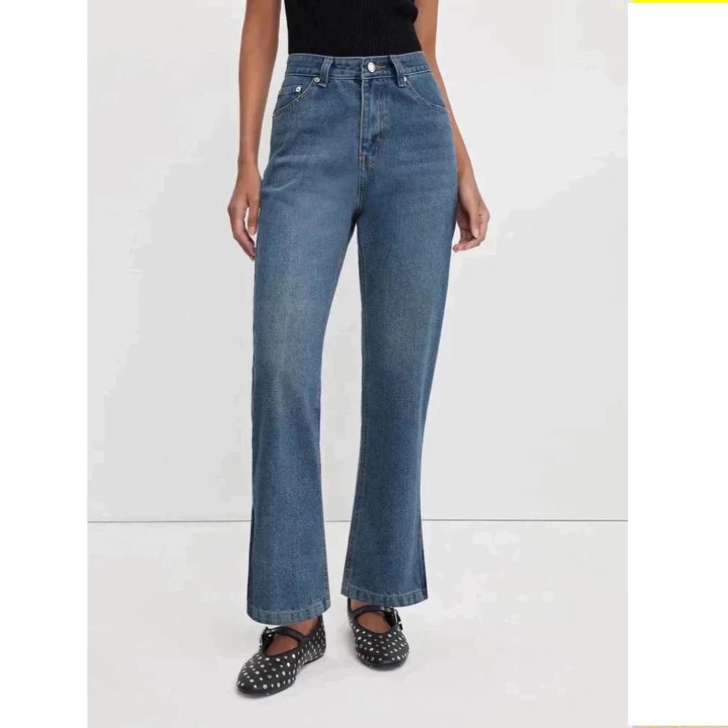 [Pomelo] กางเกงยีนส์เอวสูงแต่งซิปปลายขา / Side Zipper High-Waisted Jeans
