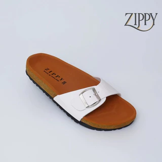 ZIPPY รองเท้าแตะวินเทจ รุ่น Madrid พื้นน้ำตาล สายเข็มขัดสีขาว ปรับสายได้ สไตล์ไบเก้น นุ่มเบาใส่สบาย