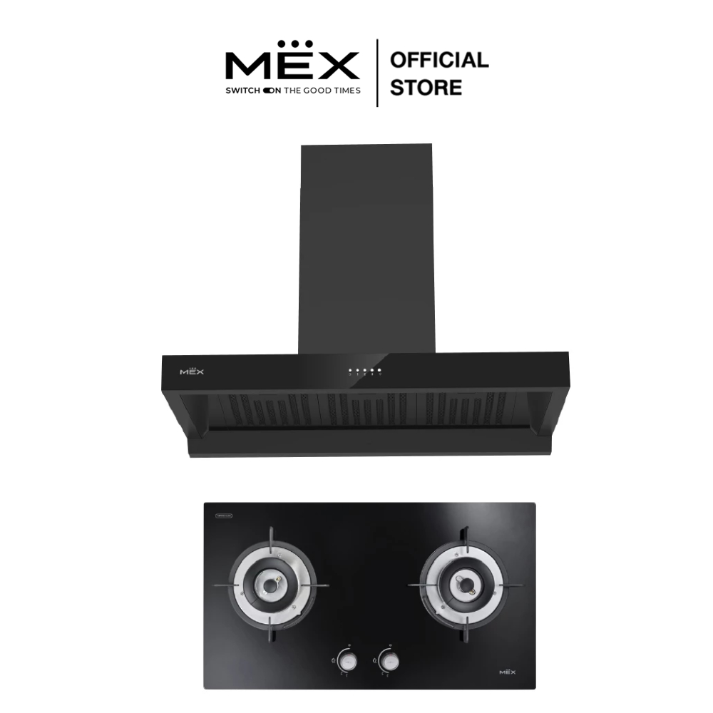 MEX Set รุ่น V4731M + K632BFB90 เตาแก๊ส 2 หัวเตาทองเหลืองและเครื่องดูดควันทรงกระโจม สีดำ (ชนิดติดตั้