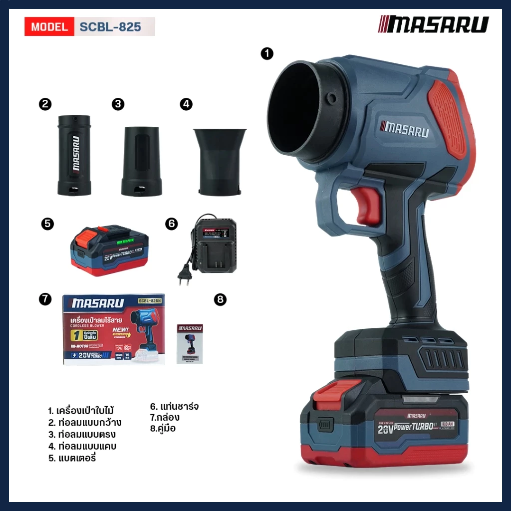 Masaru รุ่นใหม่ เครื่องเป่าใบไม้ เครื่องเป่าลมไร้สาย SCBL-825 ความเร็ว ประกัน 1 ปี