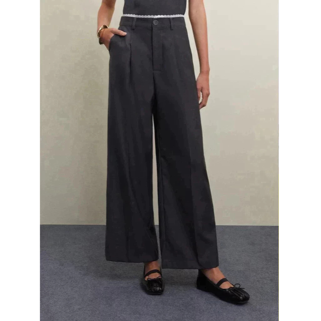 [Pomelo] กางเกงขากว้างแต่งขอบลูกไม้ / Lace Trim Wide Leg Pants