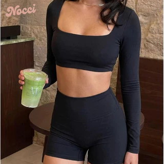 Nocci ชุดออกกำลังกาย เสื้อและกางเกงขาสั้น ผ้าสี่ทิศทางยืดหยุ่นสูง มีฟองน้ำรองหน้าอกในตัว เหมาะสำหรับออกกำลังกายที่ฟิตเนส