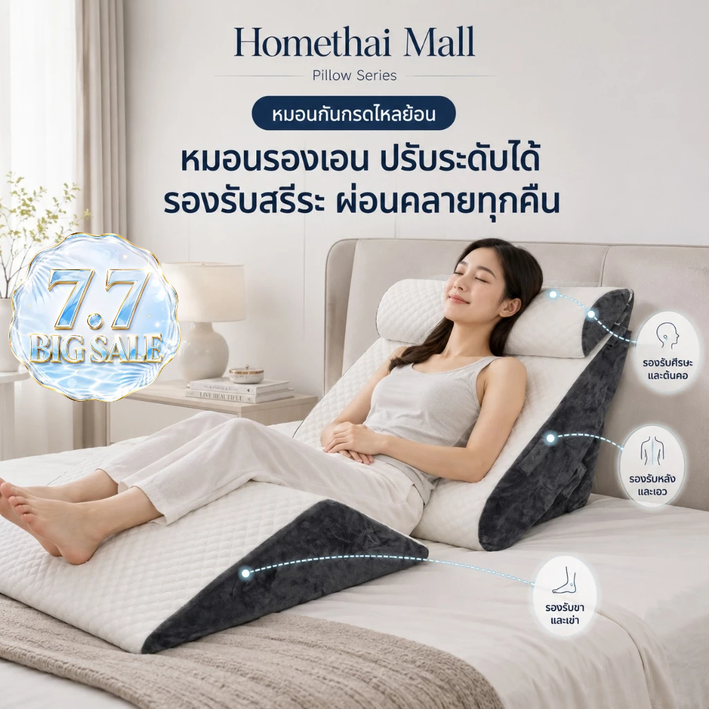 HT หมอนกันกรดไหลย้อน หมอนดูซีรีส์ ปรับองศาเอนนอนได้ นอนหลับสบาย ในเซ็ตมี 4 ชิ้น รับประกัน 1 ปี