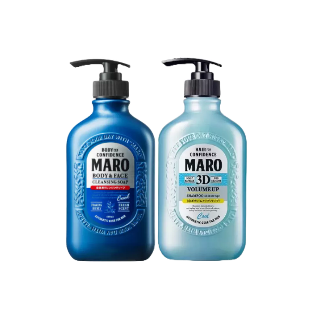 Maro All in One Cool Bath Set - สูตรเย็นสดชื่น แชมพูมาโร่ 3D Volume Up Shampoo Cool 400ml. + สบู่ 2in1 Cleansing Soap Co