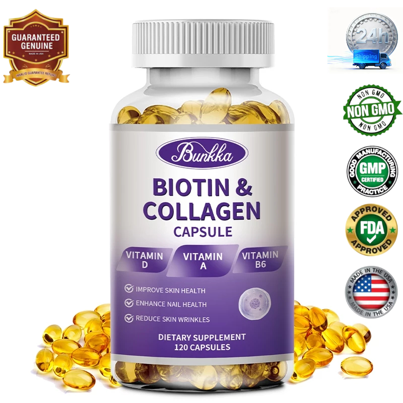Biotin คอลลาเจนแคปซูลที่มีไบโอติน 5000mcg สามารถปรับปรุงสุขภาพผิวหนังและกระดูก 120 แคปซูล