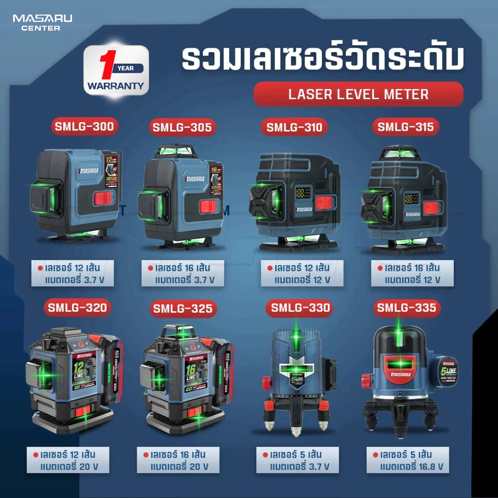 MASARU เครื่องวัดระดับเส้นสีเขียว เลเซอร์ 5/12/16 เส้น เลเซอร์วัดระดับ จอดิจิตอล เลเซอร์ระดับ